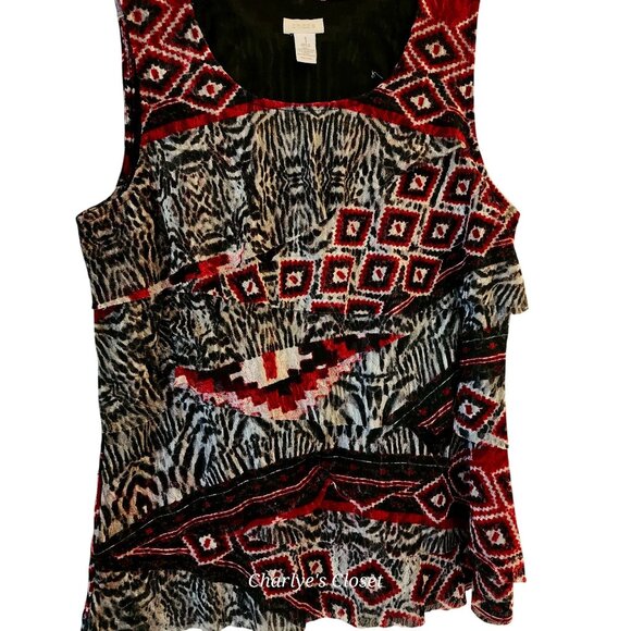 Chicos Red/Black Geo-Tribal Print Sleeveless Stretch Tiered Shell Tank Sz 1‎ - Picture 1 of 9